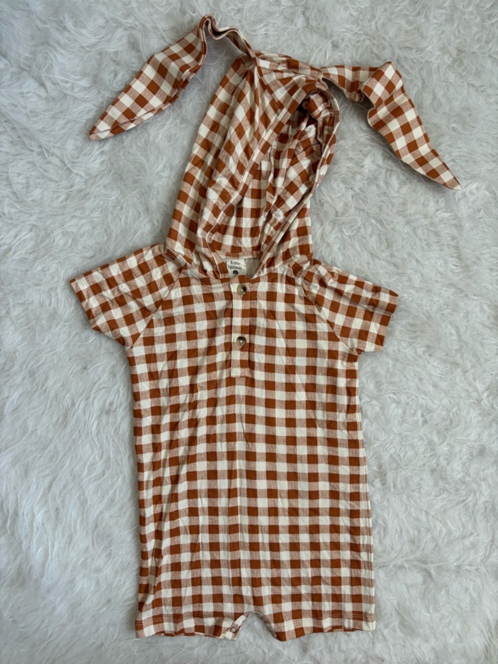 kate quinn Toffee Gingham Hooded Short-Sleeve Bunny Romper